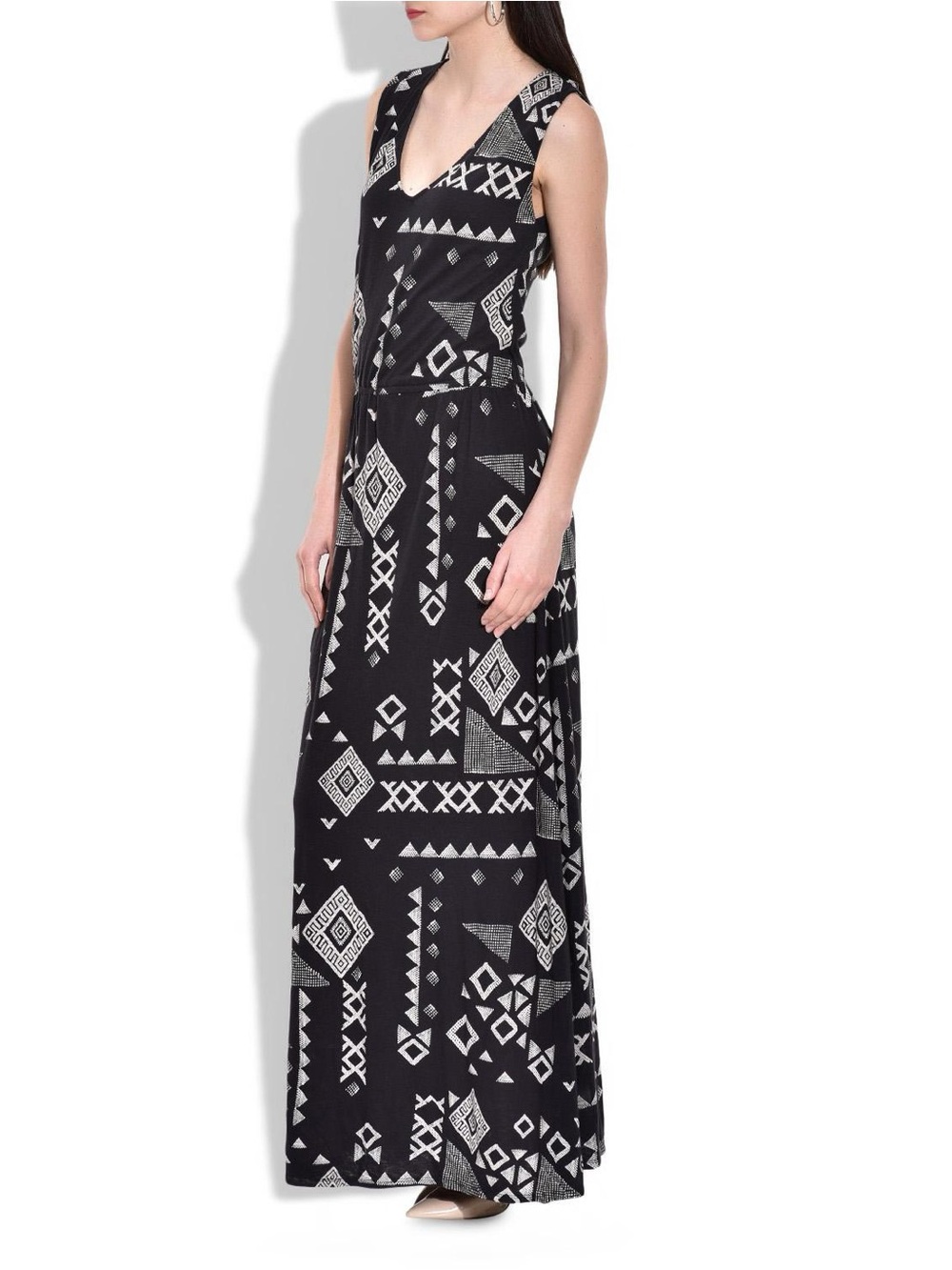 Lucky Brand Maxi Long V Neck Ebony Black Bogolan Print Boho Flowy Maxi Dress